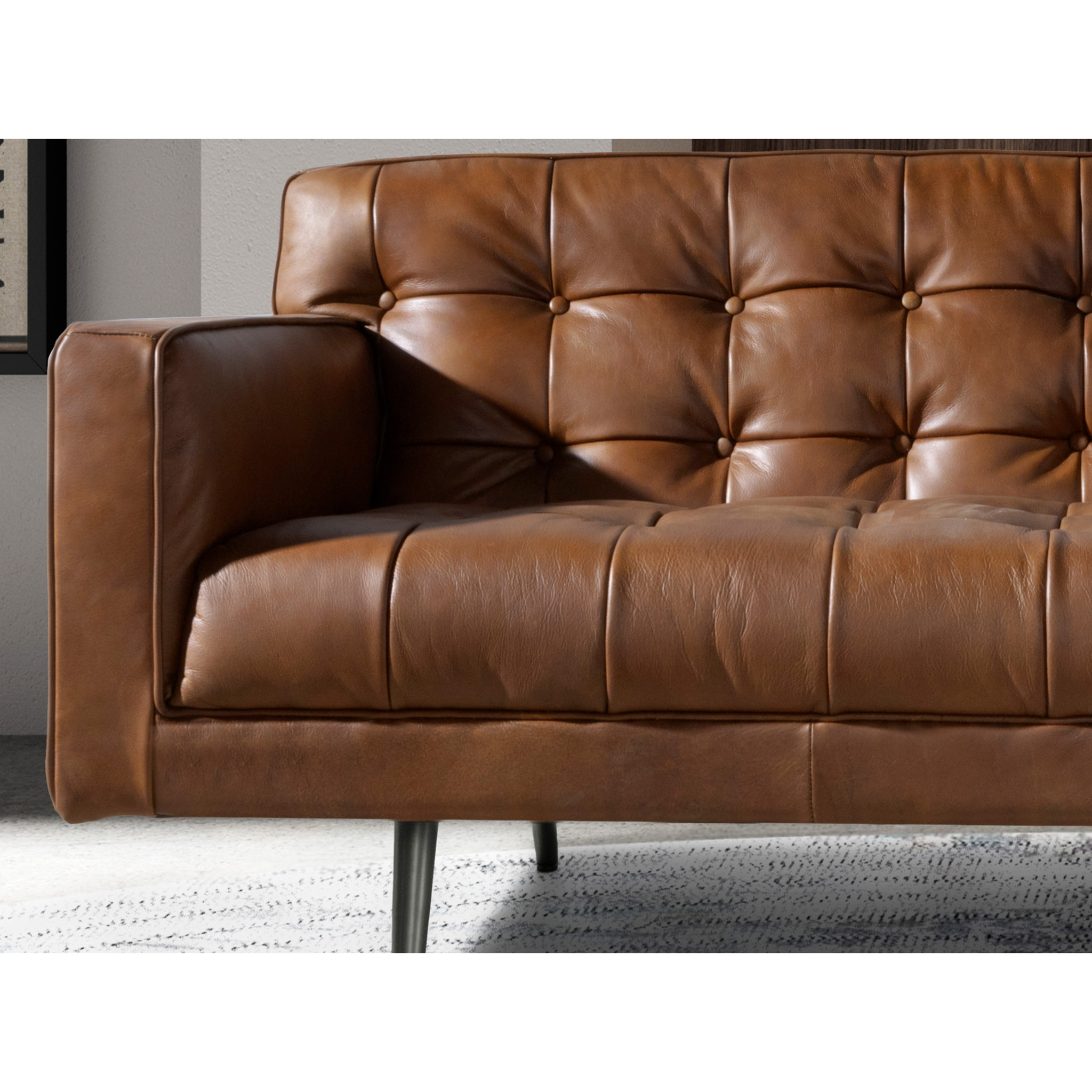 Sofá Chester de 2 plazas tapizado en piel de origen vacuno en marrón oscuro patas de acero inoxidable oscurecido 180x79x70cm
