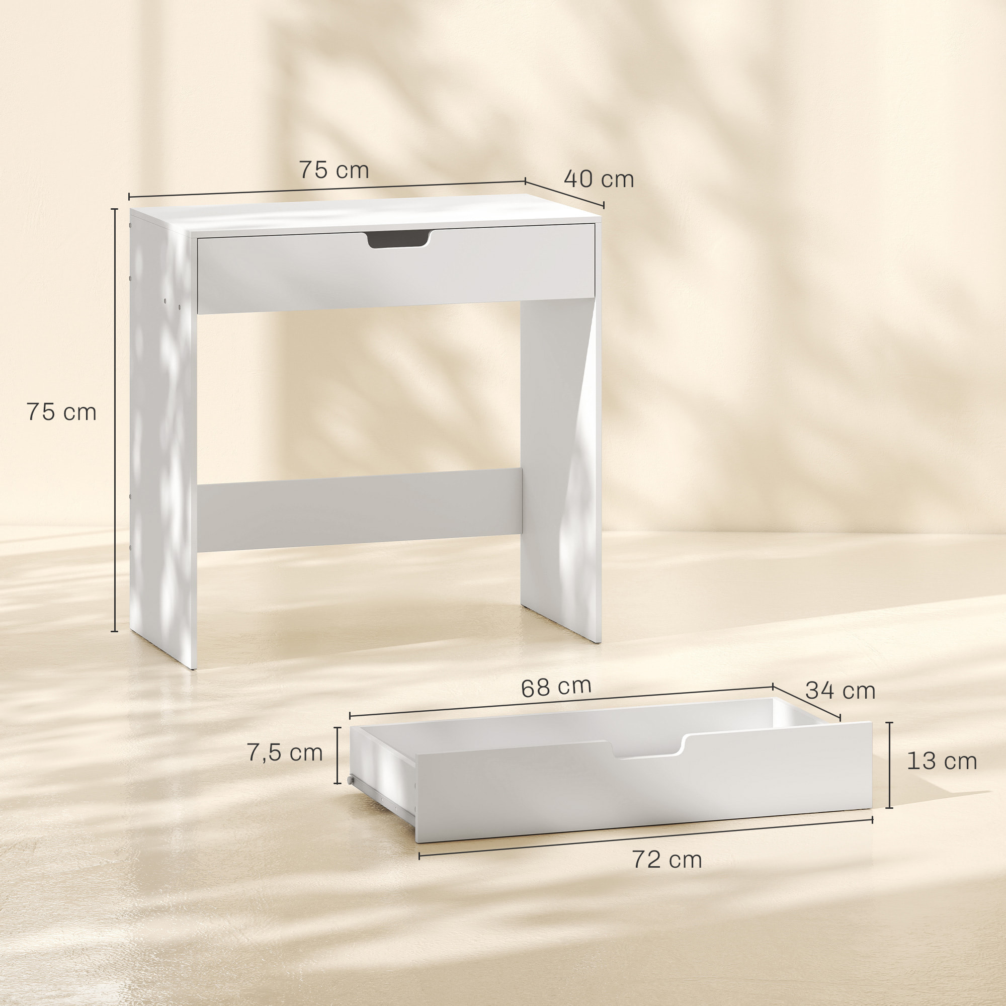 Coiffeuse console compacte moderne un tiroir dim. 75 x 40 x 75 cm blanc