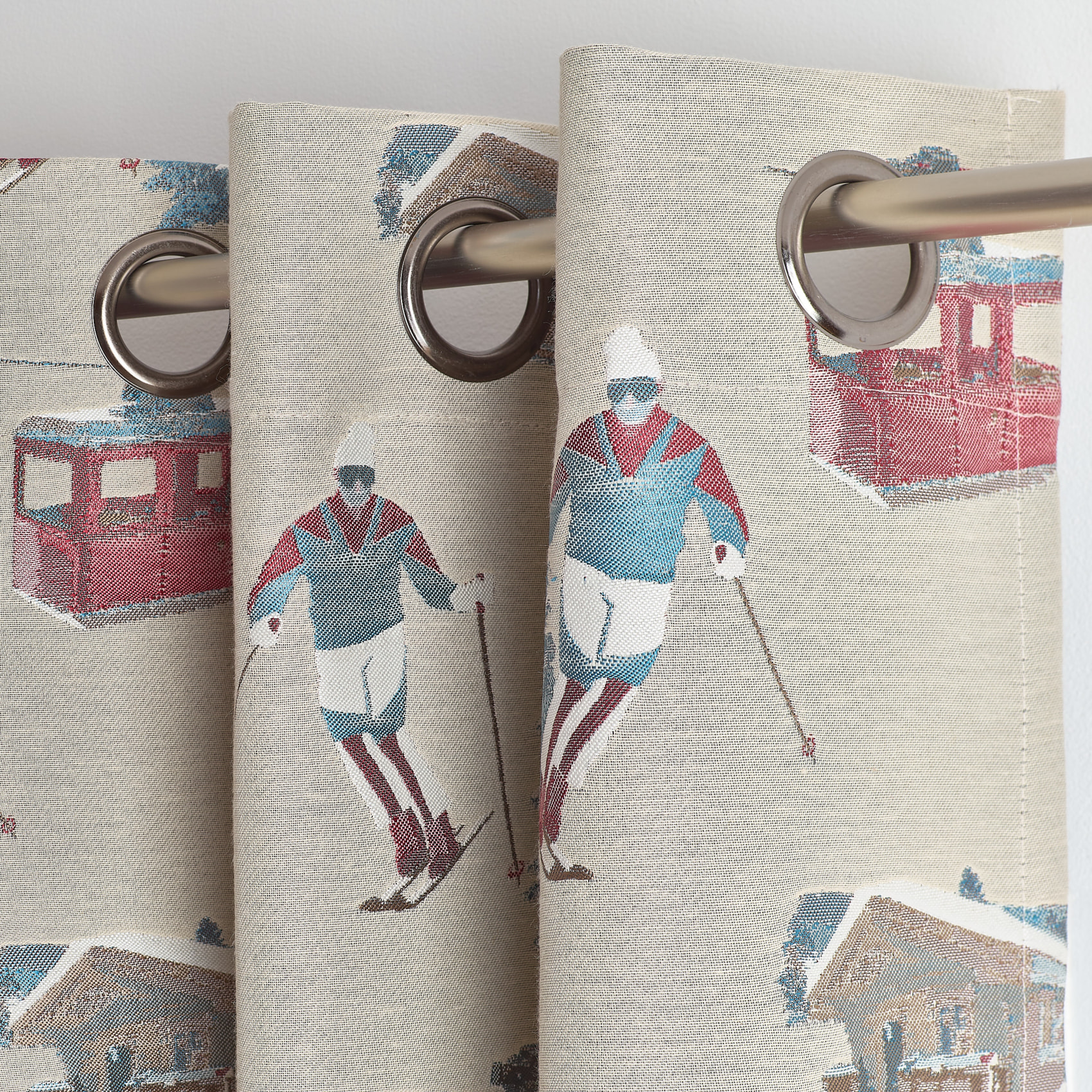 Rideau jacquard à œillets avec motifs skieurs et sapins - Lin