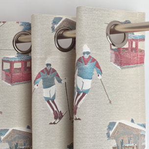 Rideau jacquard à œillets avec motifs skieurs et sapins - Lin