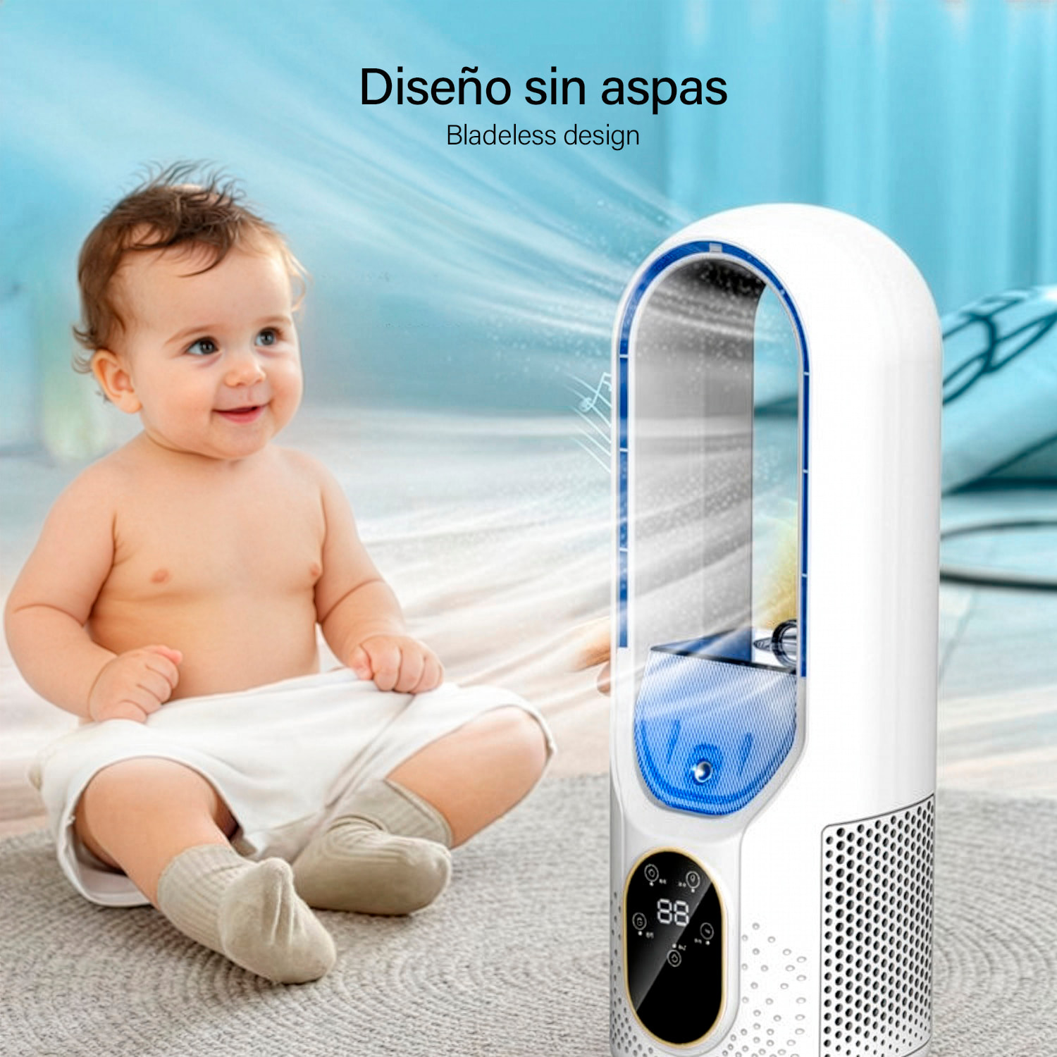 Ventilatore senza pale Y088. Con funzione di nebulizzazione, 6 velocità e timer fino a 6 ore. Serbatoio da 100 ml e luce ambientale a 7 colori.