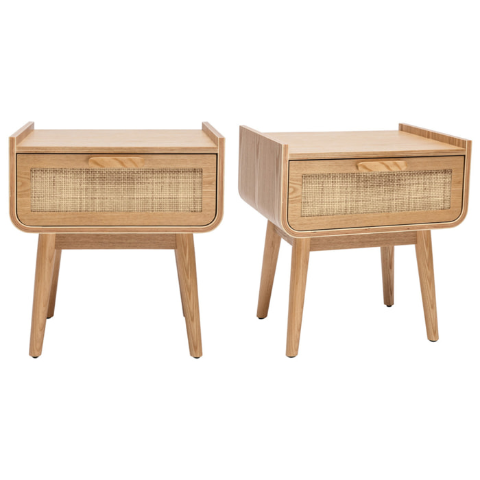 Tables de chevet avec tiroir en bois clair frêne et cannage rotin (lot de 2) ATHÈNE