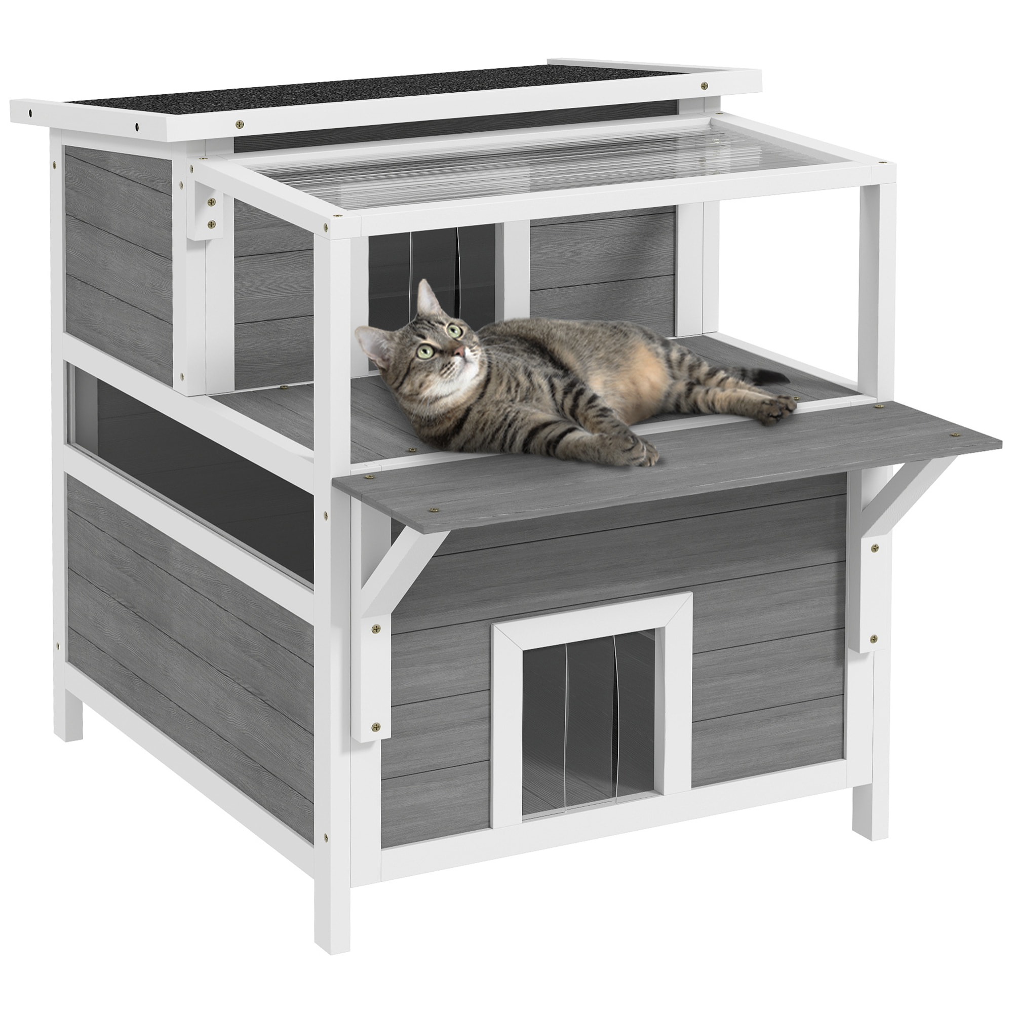 para Gatos de Madera 64x87x76 cm Casa para Gatos de 2 Niveles Refugio para Gatos con Techo Asfáltico Ventana y Puerta con Cortina para Interior y Exterior Gris Claro