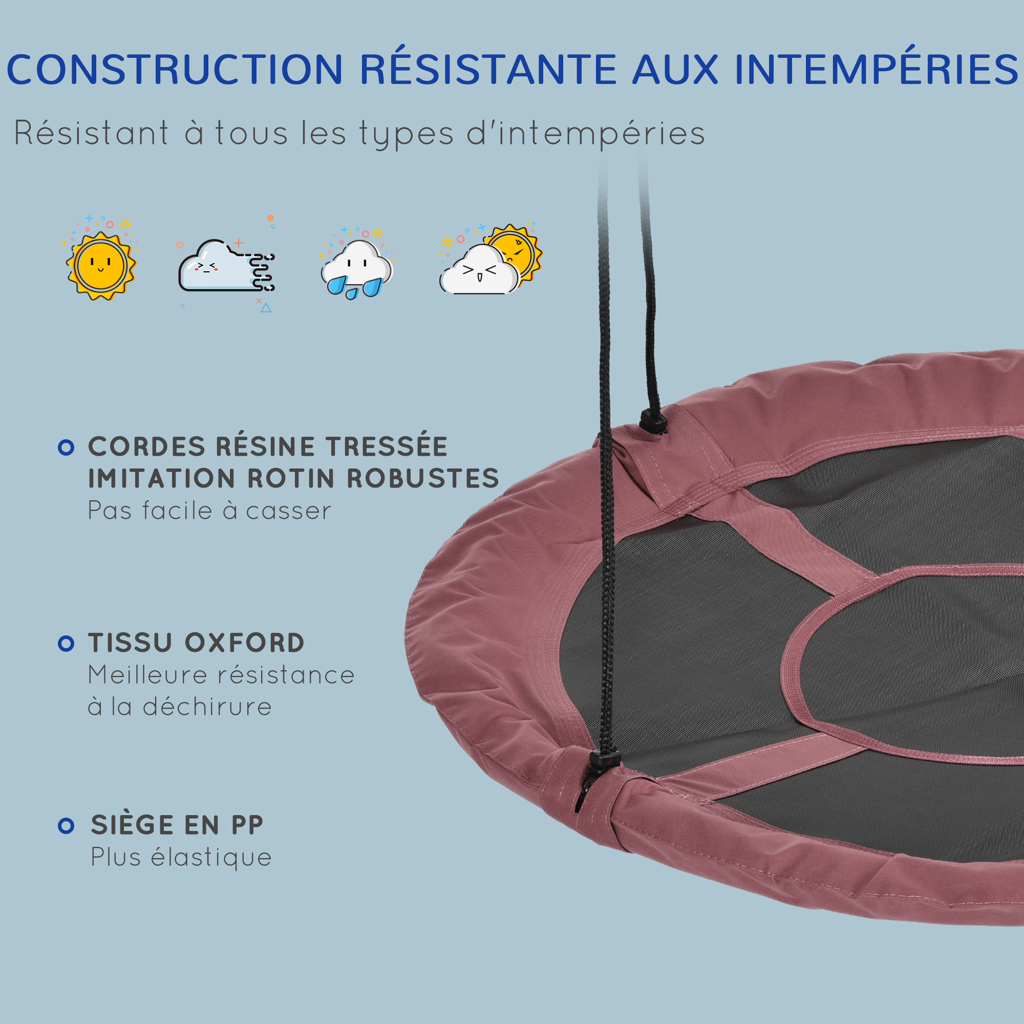 Balançoire nid d'oiseau ronde Ø 110 cm 4 anneaux inclus bleu