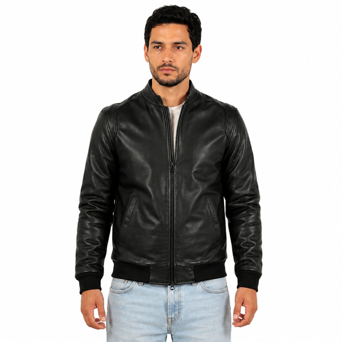 Giubbino in vera pelle di vitello foderato con trapunta invernale Nero-Slim Fit