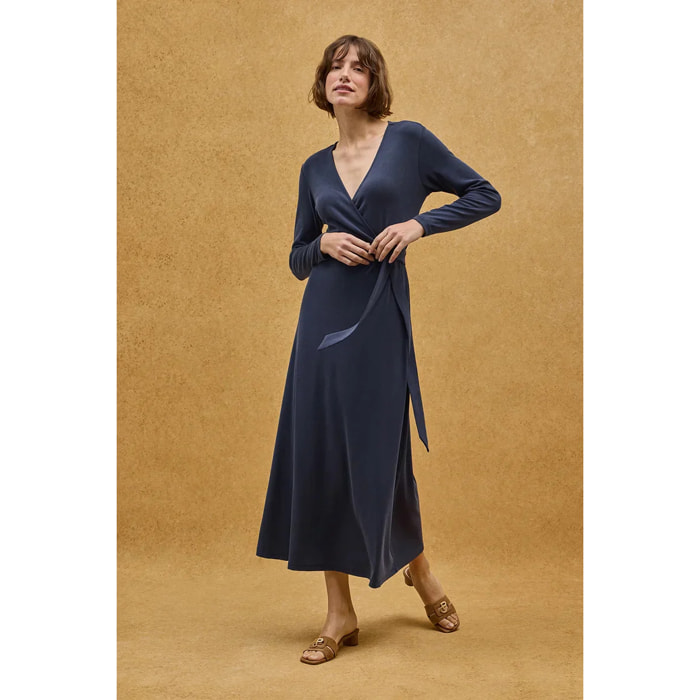 Vestito blu marino incrociato a manica lunga con scollo a V e logo Polo Club