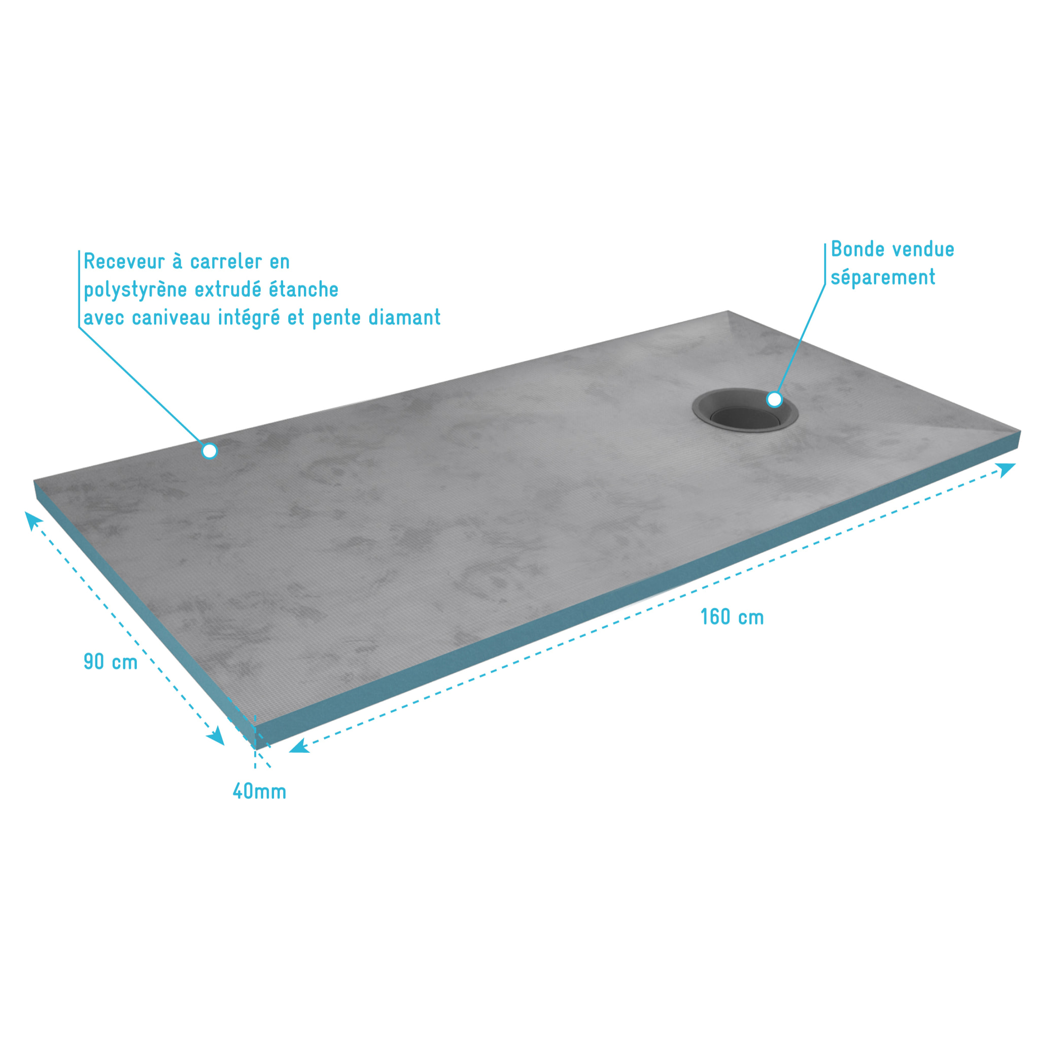 Bac receveur de douche à carreler 90x160cm recoupable sur mesure pour douche à l'italienne