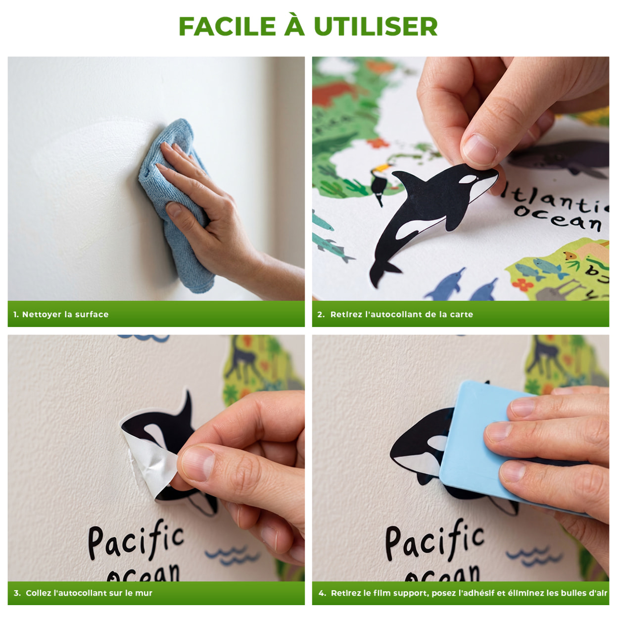 Stickers Muraux décoration adhésifs carte du monde pour enfants animaux du monde