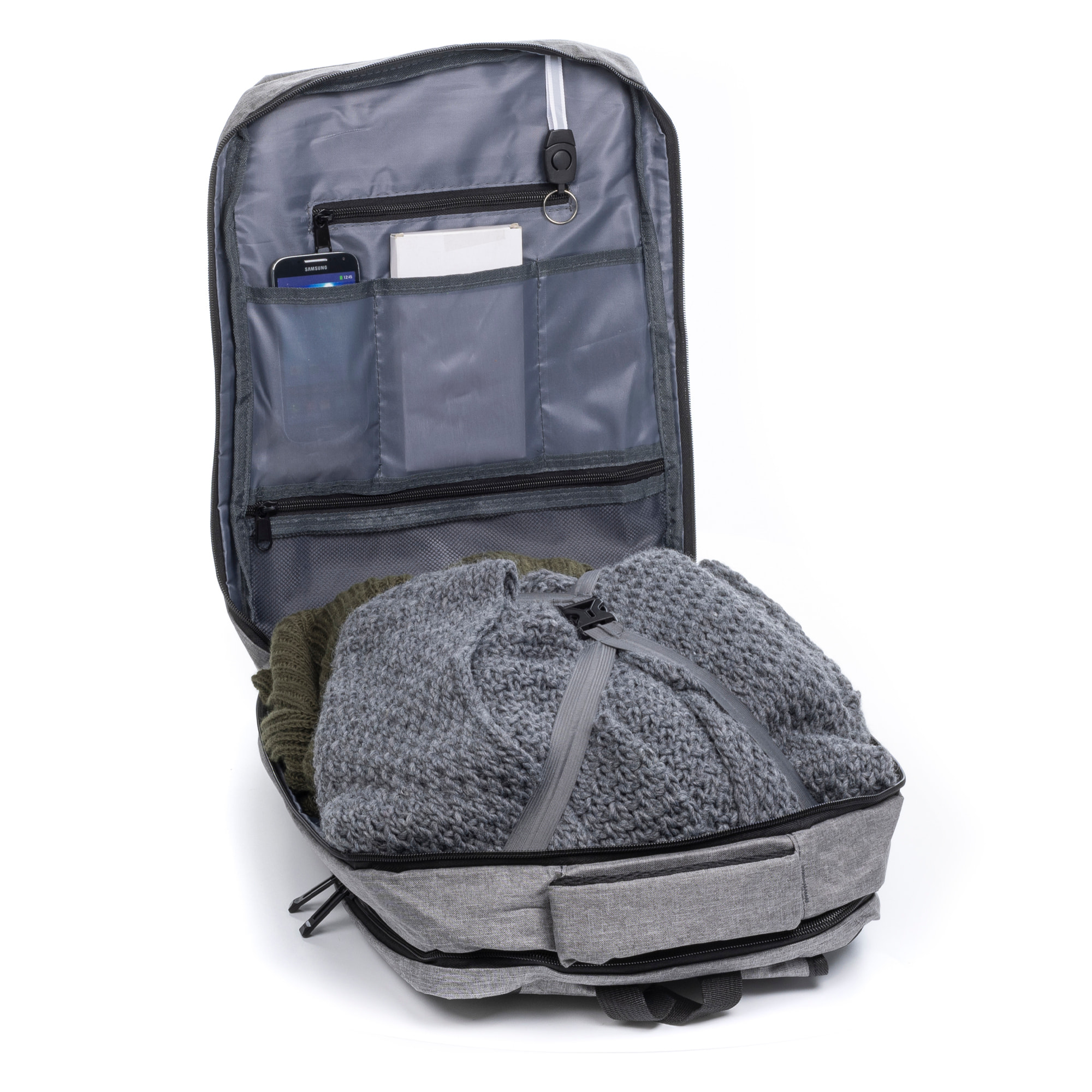 Zaino da cabina multiscomparto, porta laptop 17". Adattabile a Trolley. Presa USB esterna nascosta.