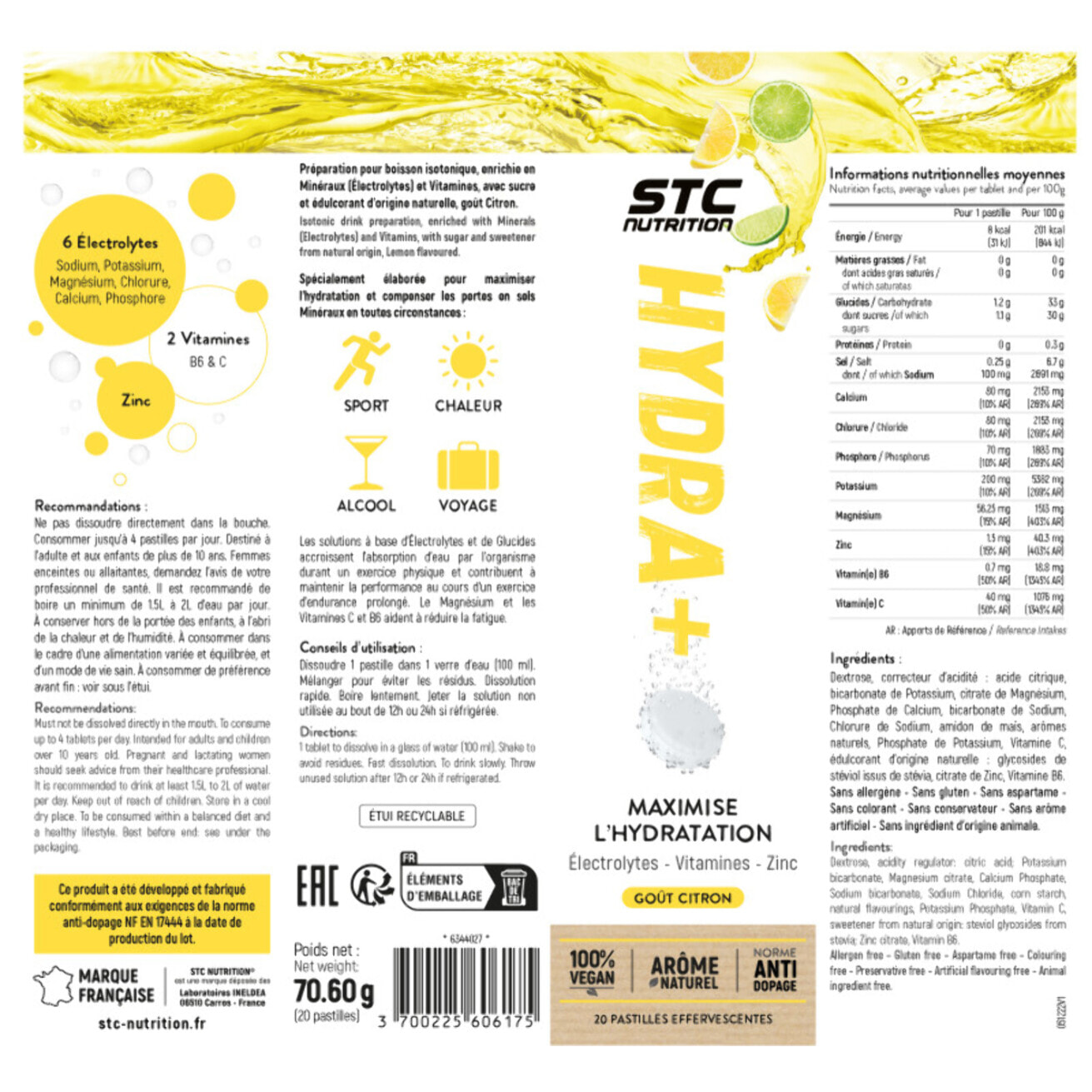 STC NUTRITION - Hydra+ - Préparation pour boisson isotonique à base d'Électrolytes, Vitamines, sucre et édulcorant naturels - Optimise l'hydratation - 20 Pastilles
