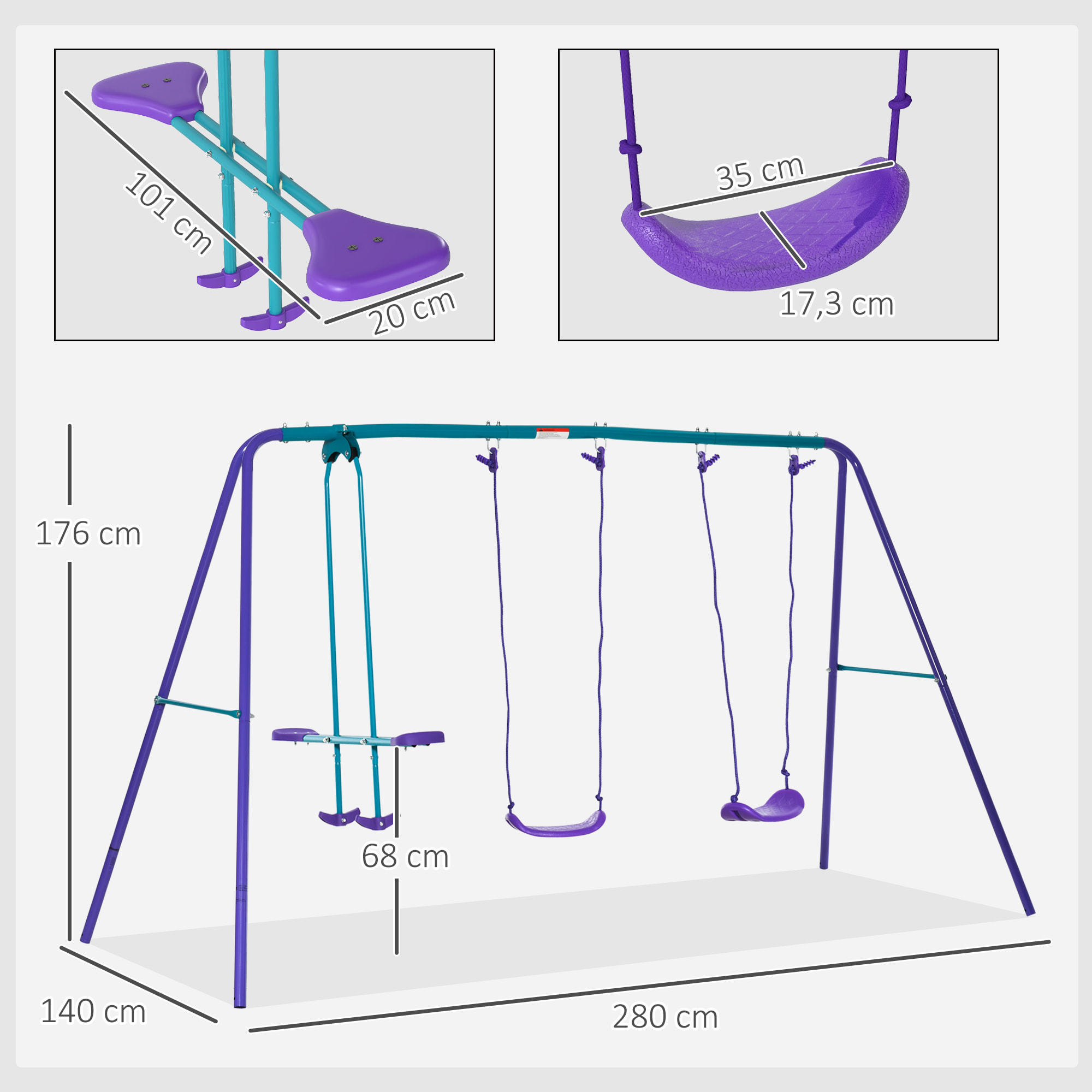 Juego de Columpios de Jardín de Metal con Altura Ajustable Columpios para Niños de +3 Años con Columpio Doble Balancín para Patio Terraza 280x140x176 cm Azul y Morado