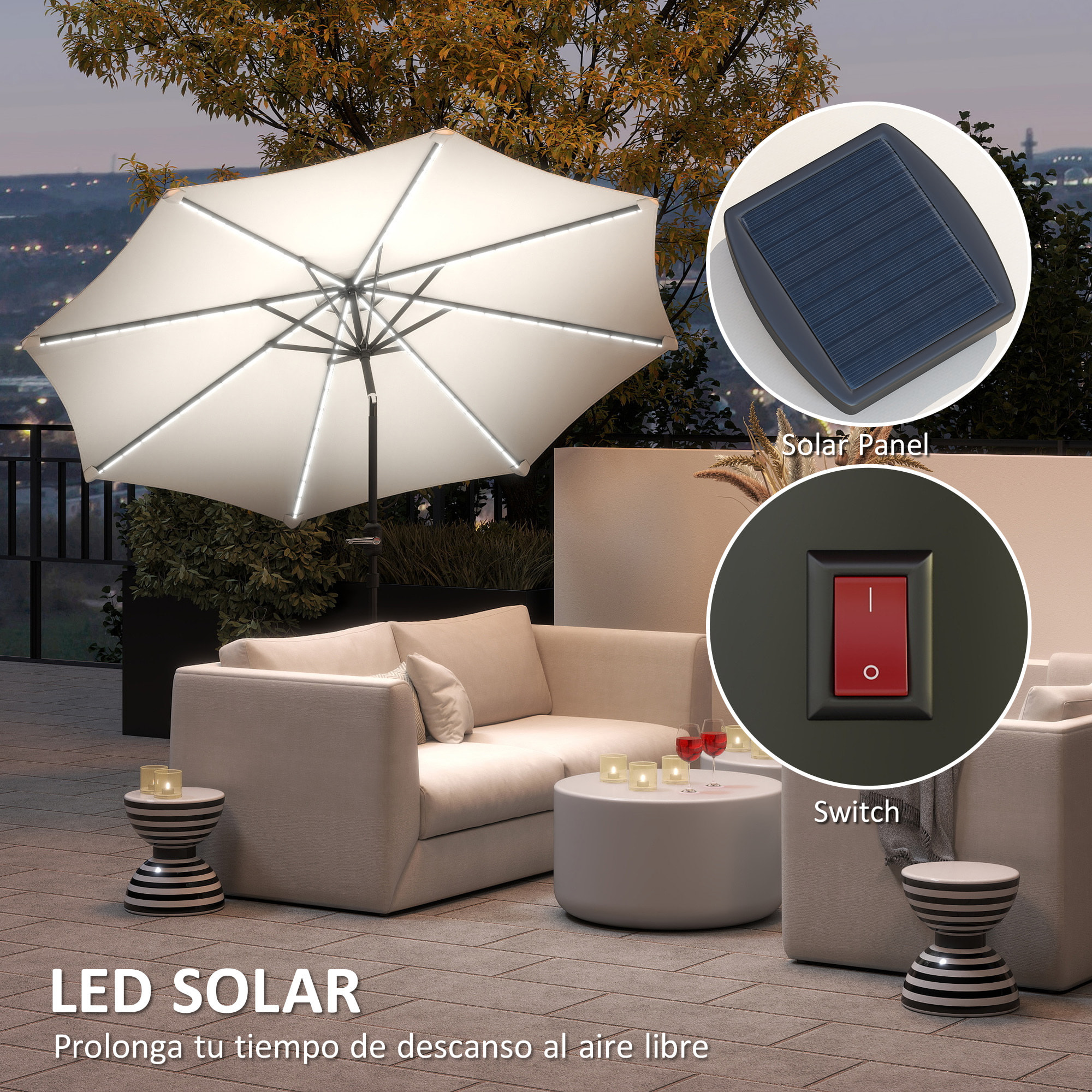 Sombrilla Terraza Exterior Ø292x252 cm Sombrilla de Jardín con Inclinación Ajustable hasta 45° Luces LED Solares Impermeable y Manivela Parasol para Patio Piscina sin Base Crema