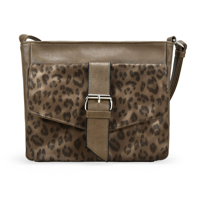 Bolso bandolera marrón con solapa efecto leopardo
