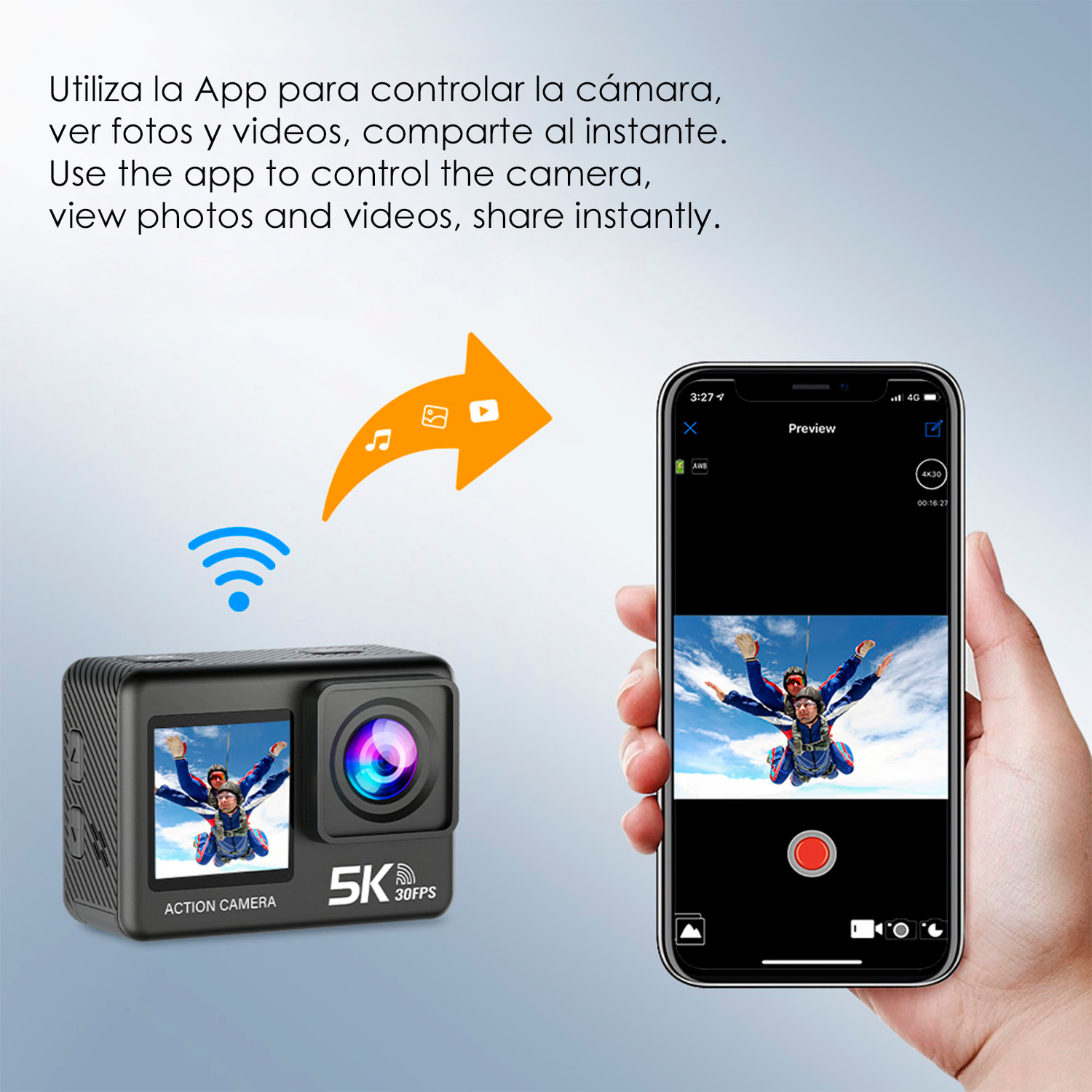 Camera Sportiva M60 TR 5k 30fps con 47,75 mpx, doppio schermo da 2" e 1.3" con una moltitudine di accessori sportivi e WIFI.