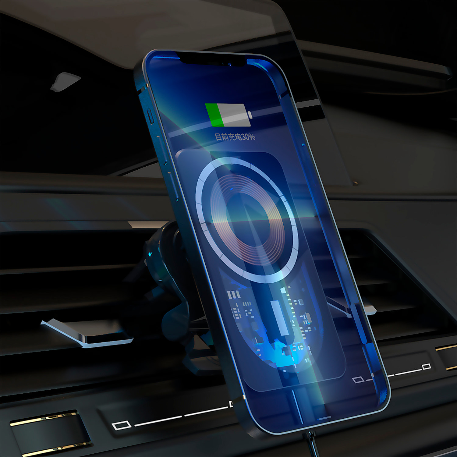 Caricatore wireless per auto Magsafe, con clip per presa d'aria, 15W. Con luce ambientale a LED.