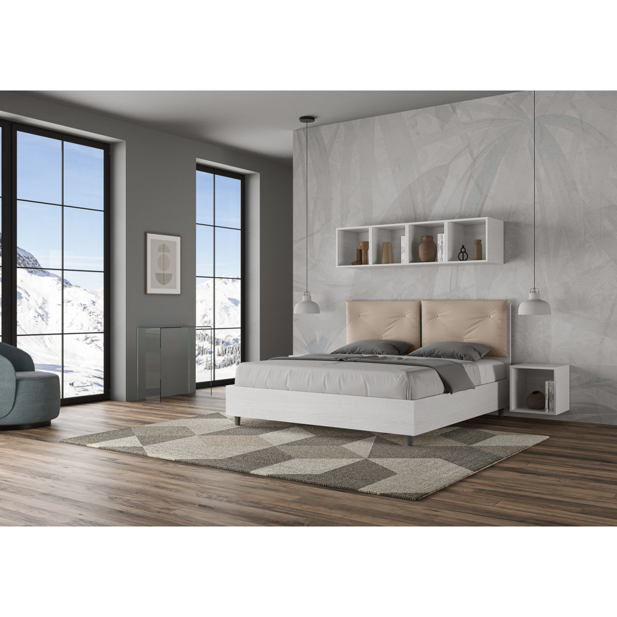 Lit sans sommier 160x200 avec coussins similicuir taupe Egos Appia