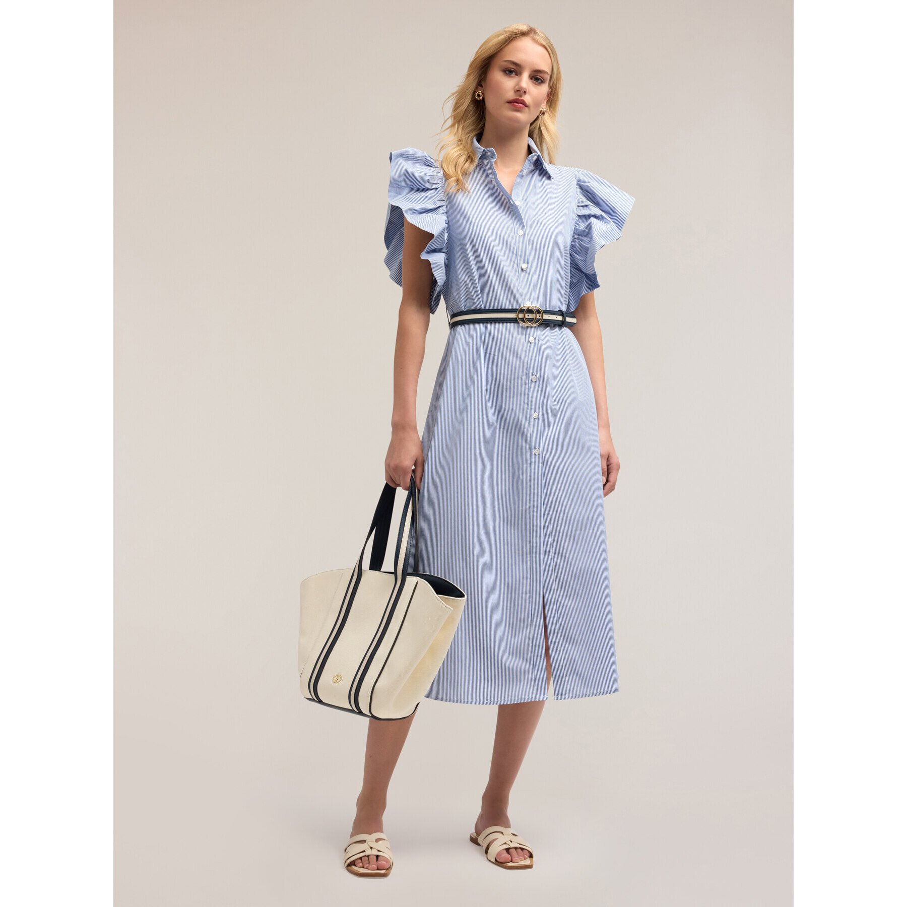 Motivi - Vestido camisero a rayas con mangas volantes - Light - blue