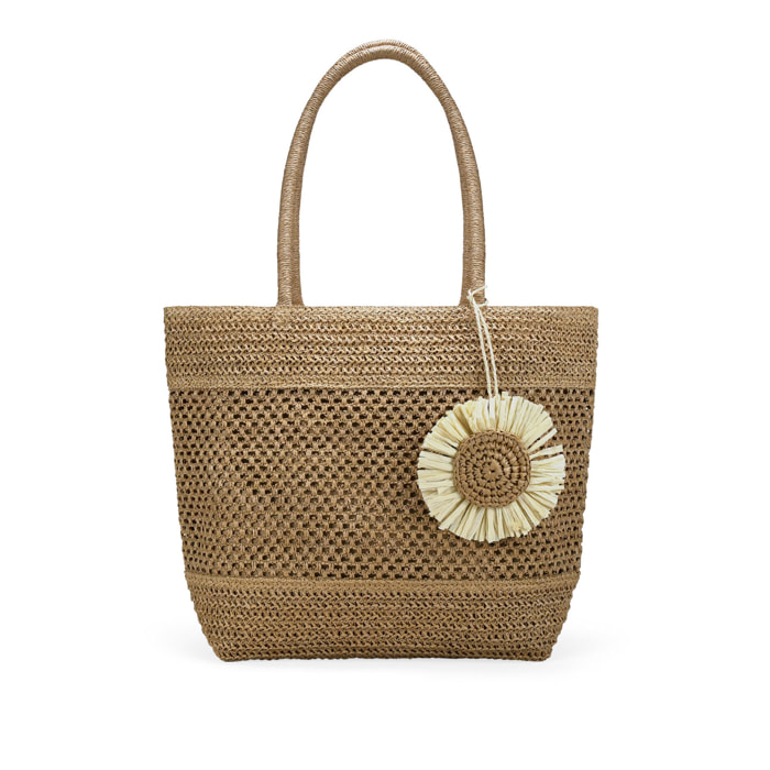 Bolso de hombro marrón claro en rafia con malla