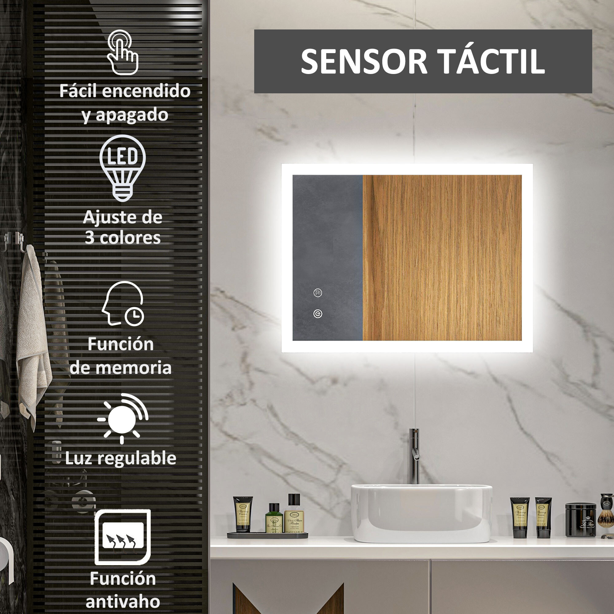 Conjunto de Baño Incluye 2 Mueble Auxiliar de Baño 1 Columna de Baño Y 1 Espejo de Baño con Luces LED Función de Memoria Interruptor Blanco Brillante
