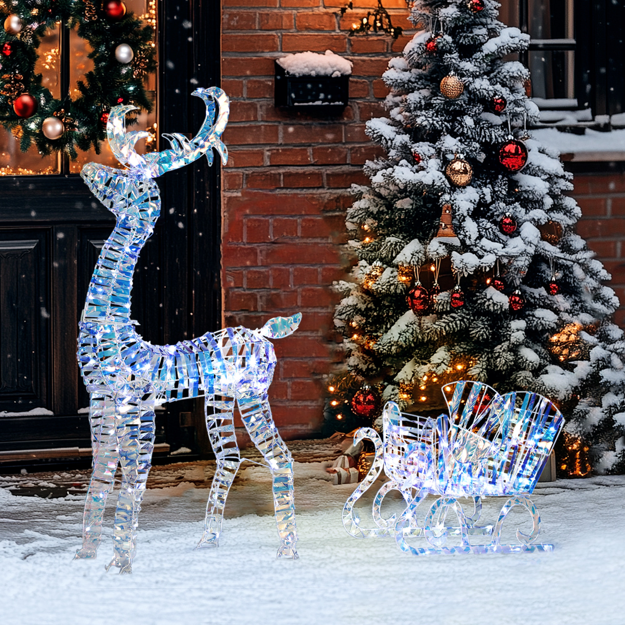 Silhouette renne lumineux avec traîneau - renne et traîneau lumineux de Noël - décoration LED extérieure de Noël - 170 LED blanc froid