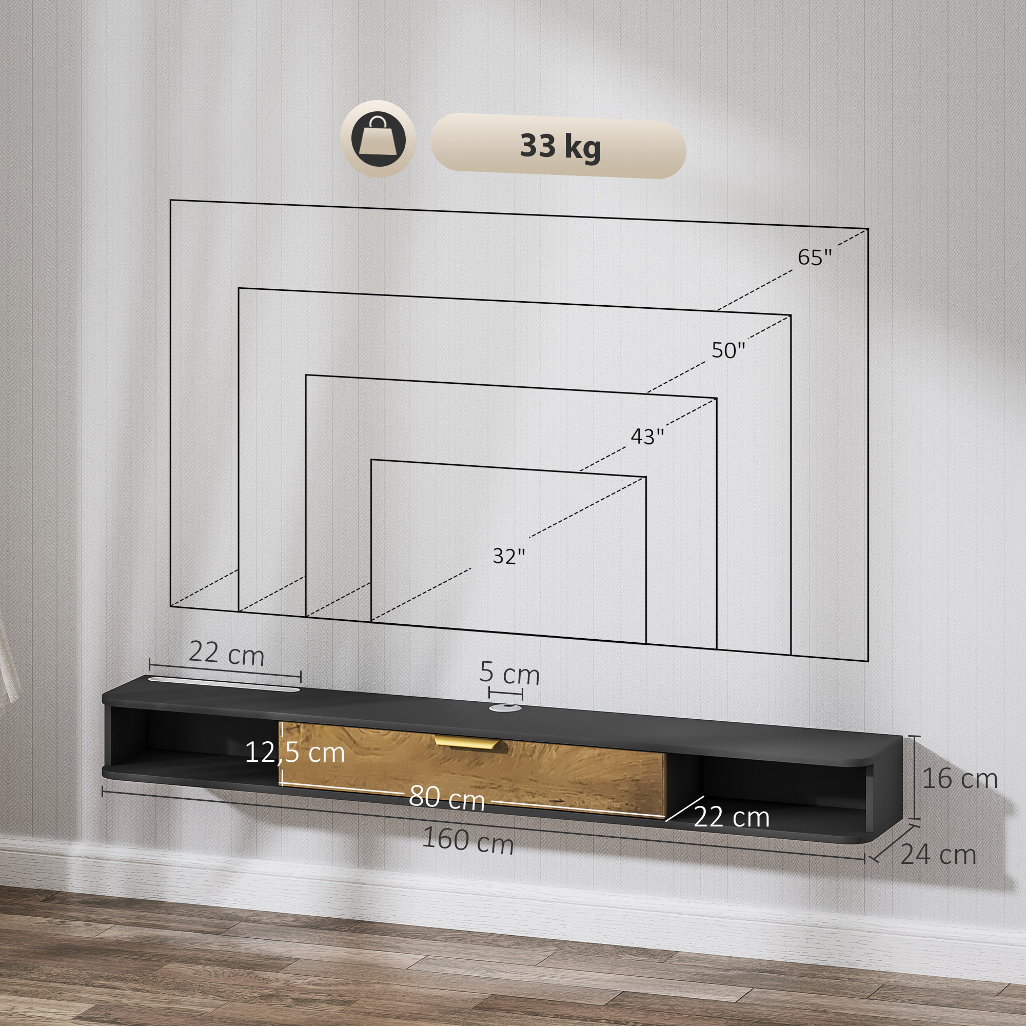 Meuble TV design suspendu - meuble TV mural - 2 niches, porte abbatante - dim. 160 x 24 x 16 cm - gris charbon effet bois