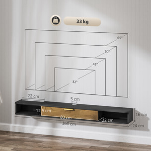 Meuble TV design suspendu - meuble TV mural - 2 niches, porte abbatante - dim. 160 x 24 x 16 cm - gris charbon effet bois