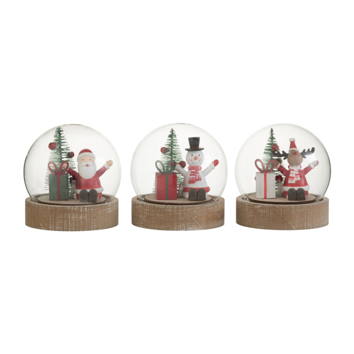 J-Line Cloche décorative Père Noël/Renne/Bonhomme De Neige - bois/verre - mix - 3 pcs - LED