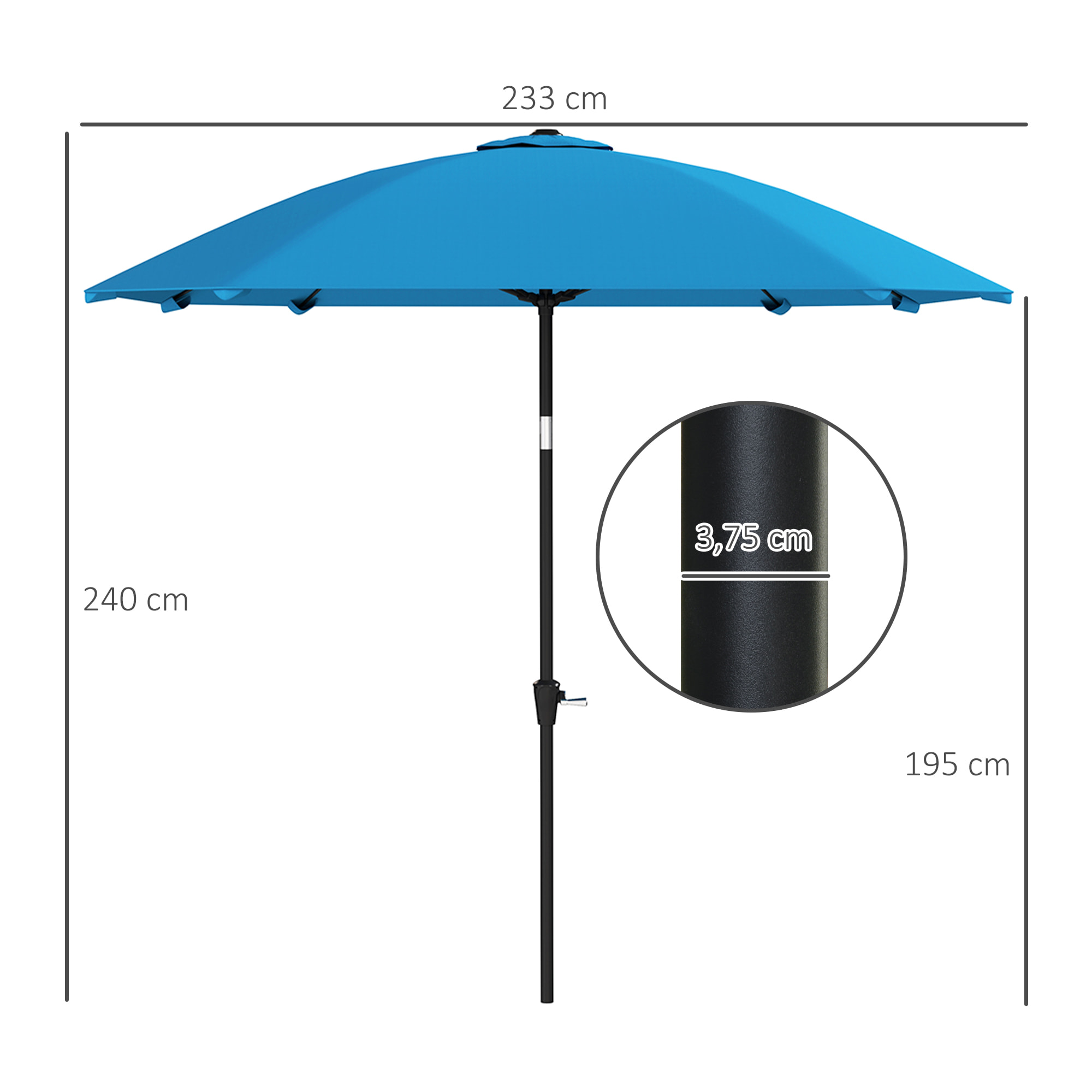 Sombrilla Terraza Exterior 233x233 cm Sombrilla de Jardín con Ángulo Ajustable Impermeable Poste de Aluminio Varillas de Fibra de Vidrio y Manivela Parasol para Patio Terraza Azul