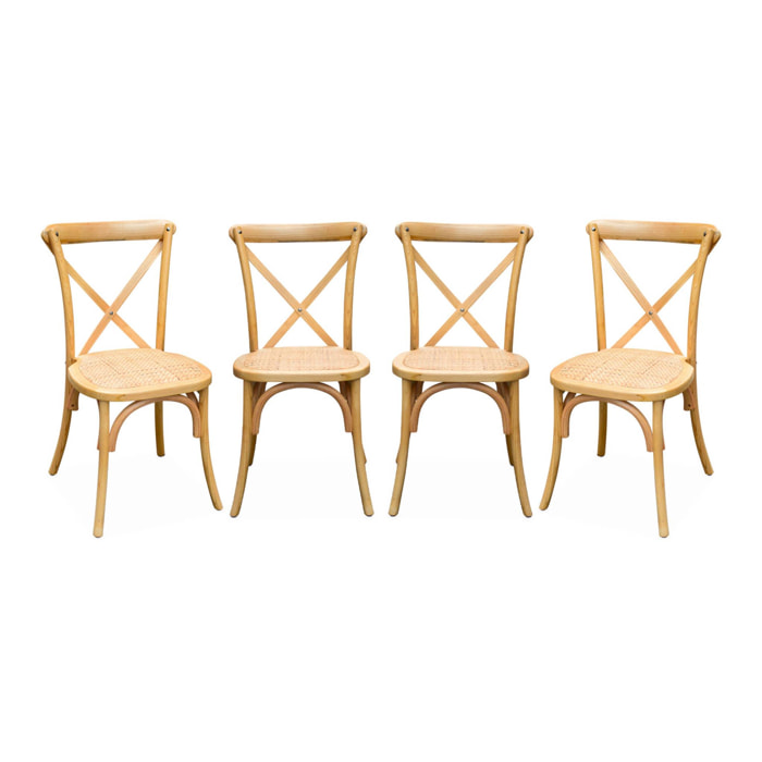 Lot de 4 chaises de bistrot en bois de cédrèle naturel. vintage. assise en rotin. empilables