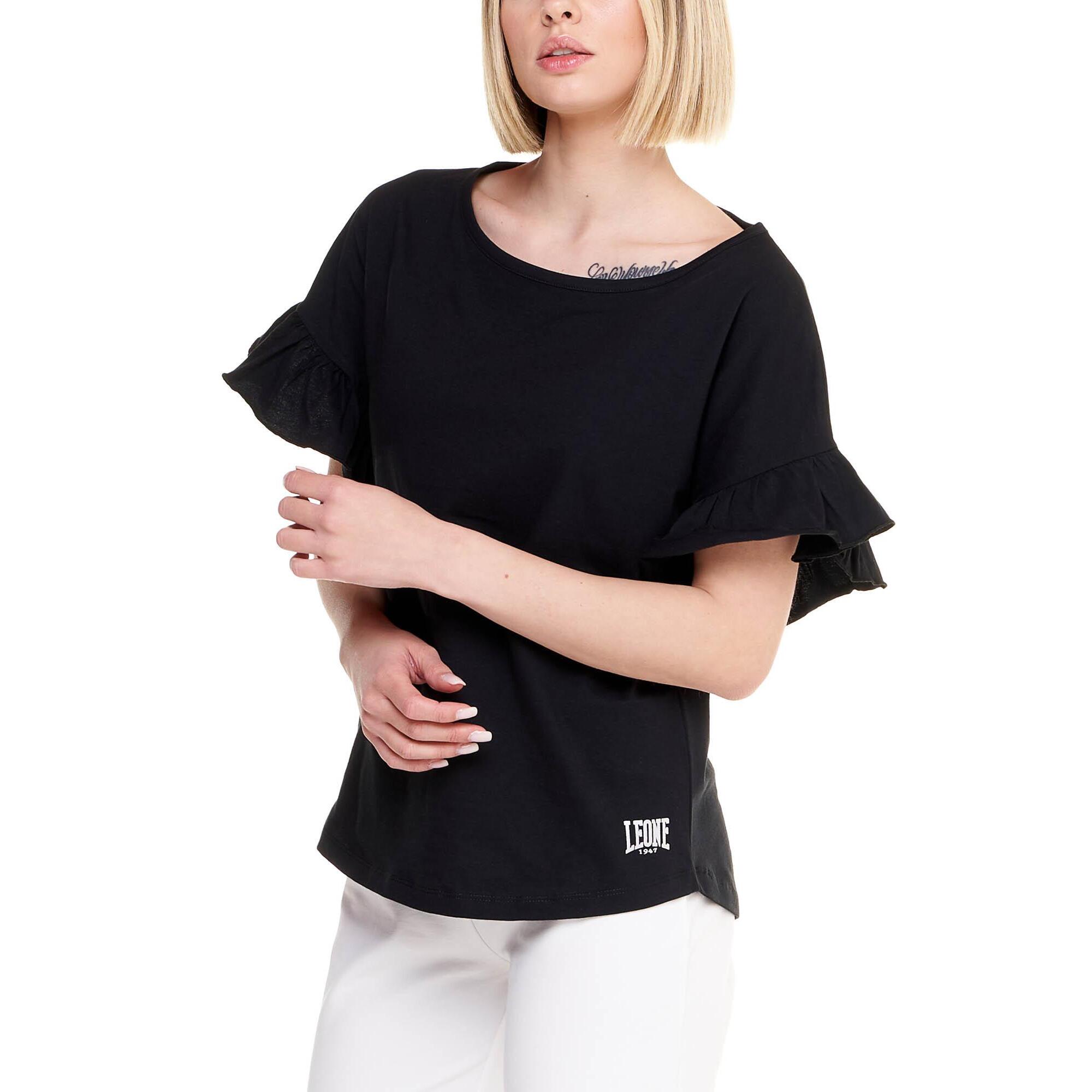 Camiseta de mujer brillante de manga corta con volantes