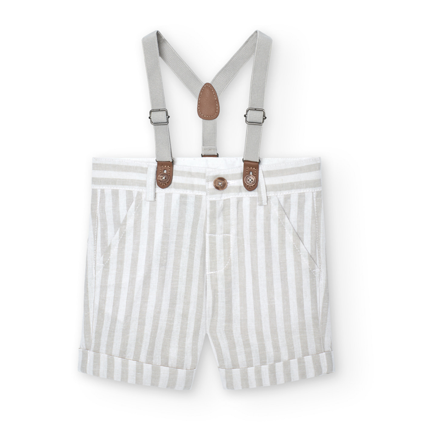 Bermudas, tirantes niÃ±o, lino estampado de rayas, piedra