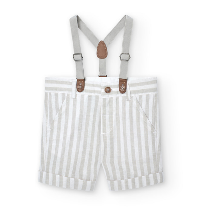 Bermudas, tirantes niÃ±o, lino estampado de rayas, piedra