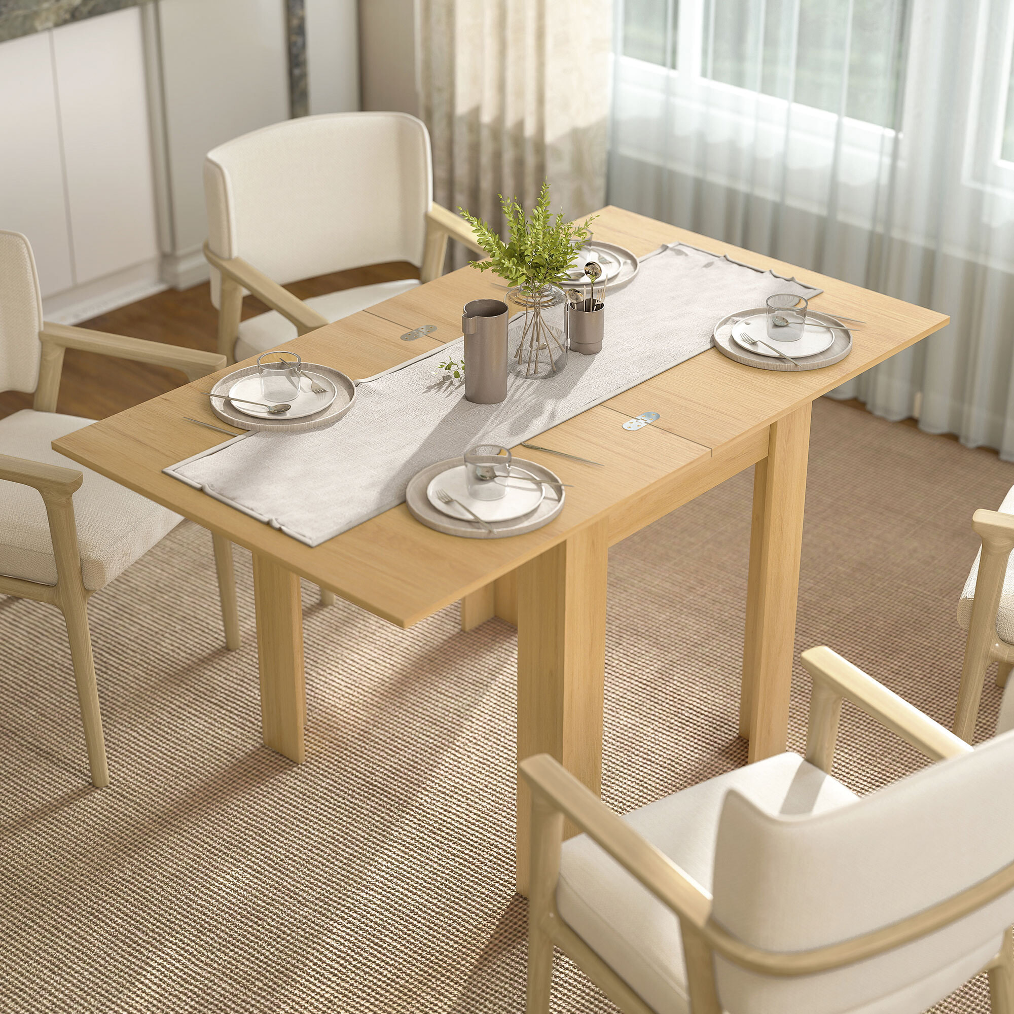 Mesa de Comedor Extensible, 70-140x80 cm, Mesa de Cocina Extensible, para 4-6 Personas, con Tirador de PU y Almohadillas de Fieltro, para Espacios Pequeños, Salón, Madera Natural