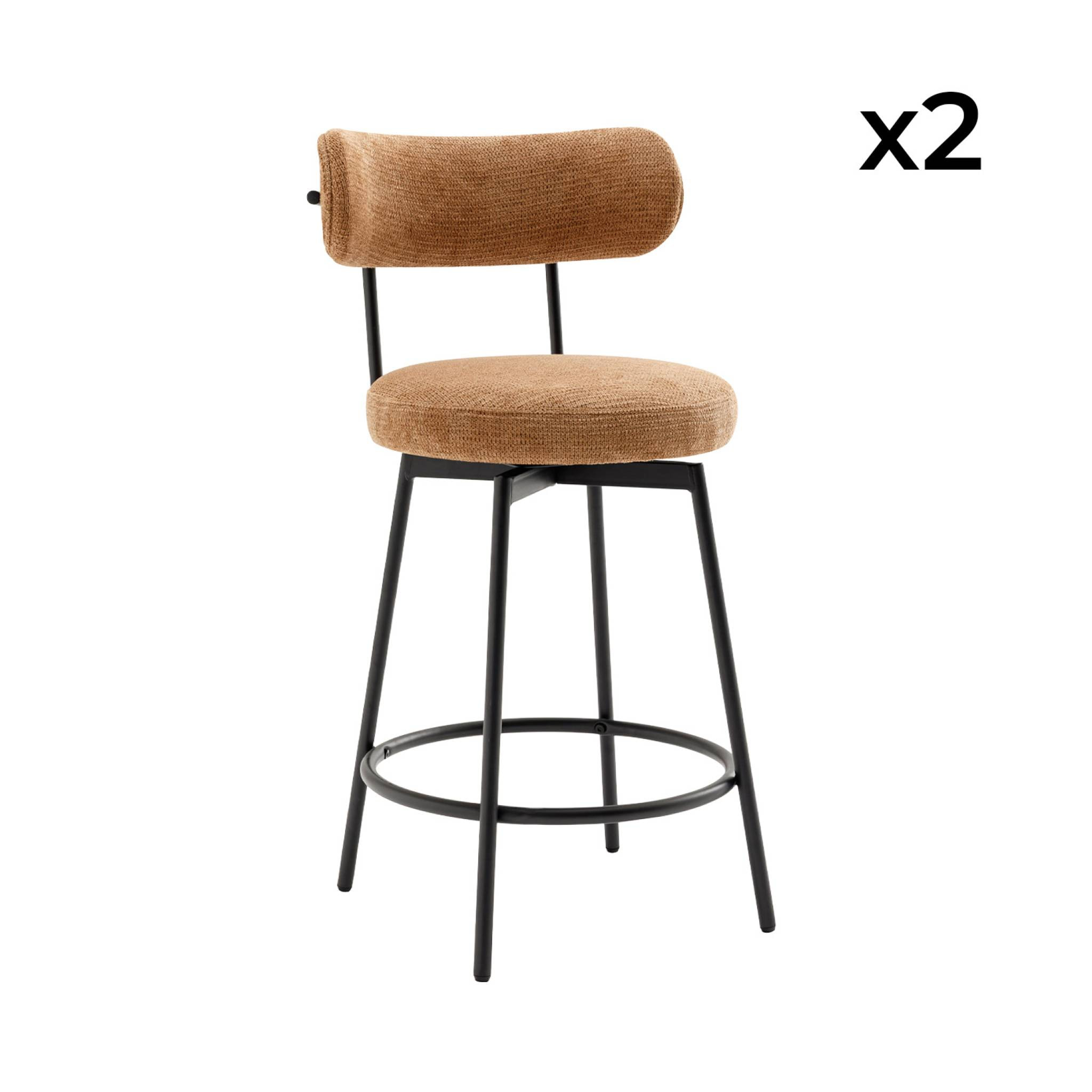 Lot de deux tabourets de bar assise rotative métal noir et tissu camel - L 50 x P 50 x H 92cm - Iris