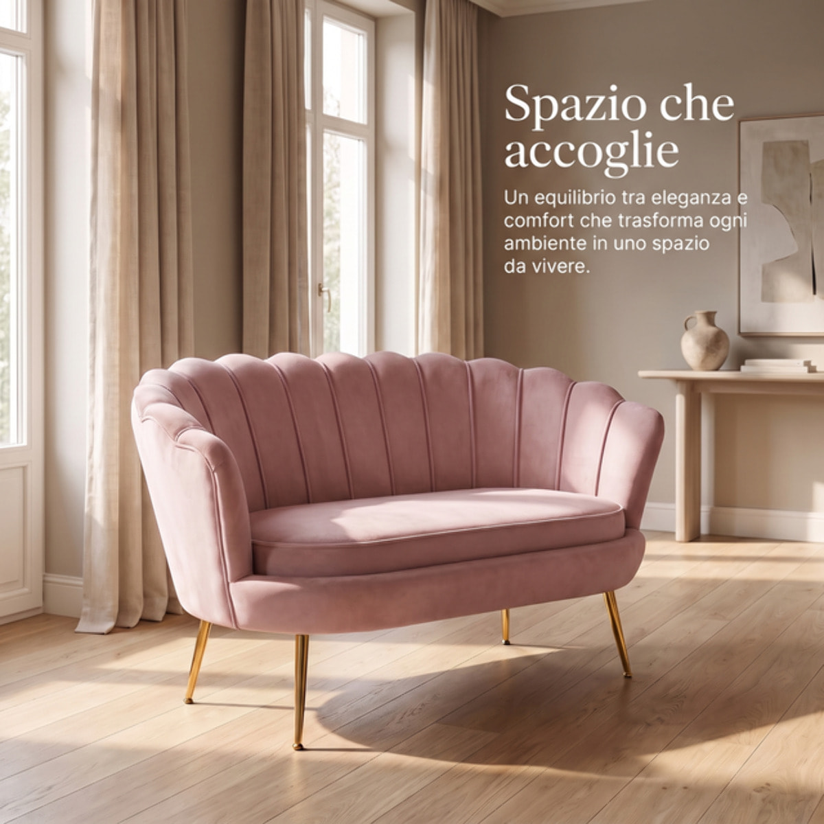Divano 2 Posti in Velluto con Schienale a Ventaglio, Seduta Imbottita dallo Stile Elegante per Soggiorno, Studio e Camera da Letto