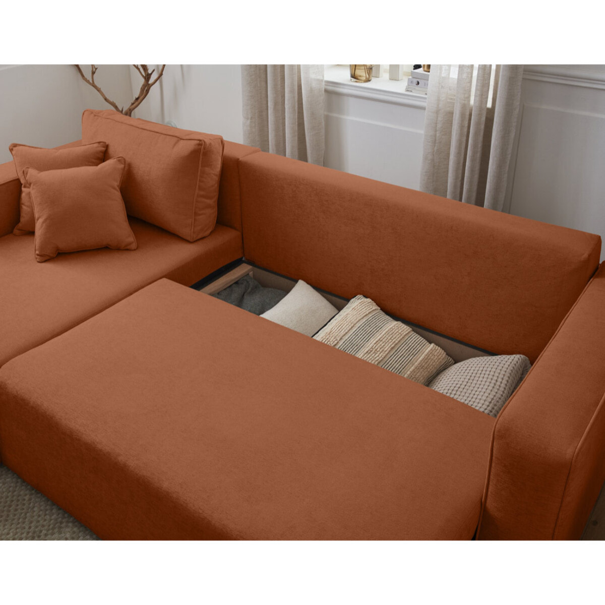 Topaze - canapé d'angle réversible - 4 places - convertible avec coffre - en tissu - Terracotta