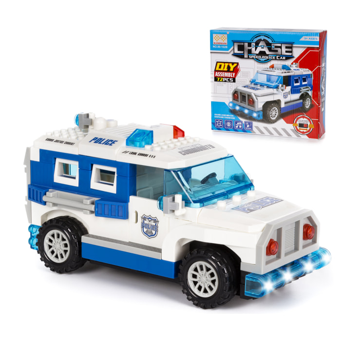 Veicolo da assalto della polizia, con luci ed effetti sonori. Da costruire, 72 pezzi. Modalità di funzionamento automatica 360°.