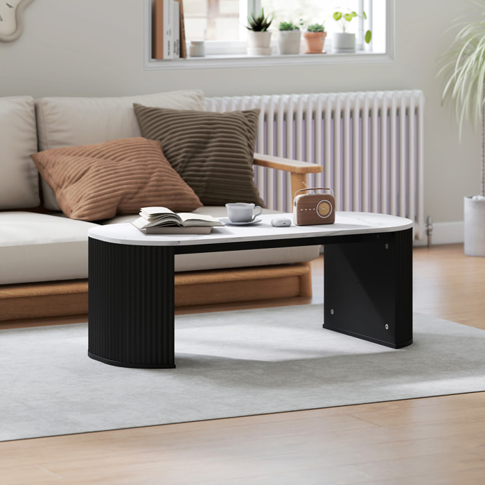 Table basse design ovale effet marbre blanc dim. 110 x 50 x 40 cm noir