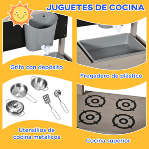 Arenero de Madera para Niños con Techo Regulable Arenero Infantil con Juguetes de Cocina y Banco Juego para Niños de 3-7 Años para Patio Jardín 114x110x110 cm Gris