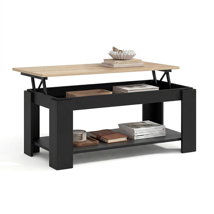 Mesa de centro elevable con almacenaje en negro mate y roble canadian 102x43-54 cm Lya Negro Mate - Roble Canadian