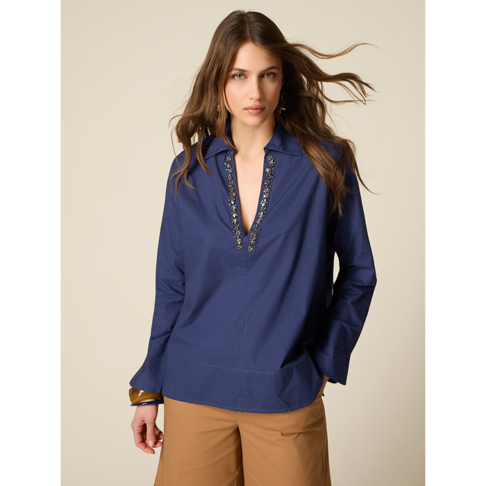 Oltre - Blusa de algodón con cristales - Azul