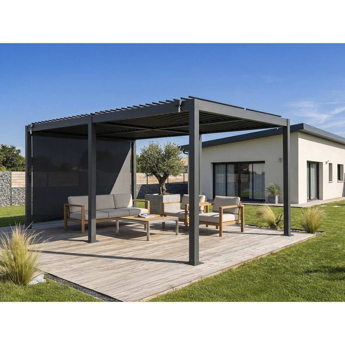 Pergola bioclimatique avec store en aluminium "Kensington" - 3 x 5 m - Gris