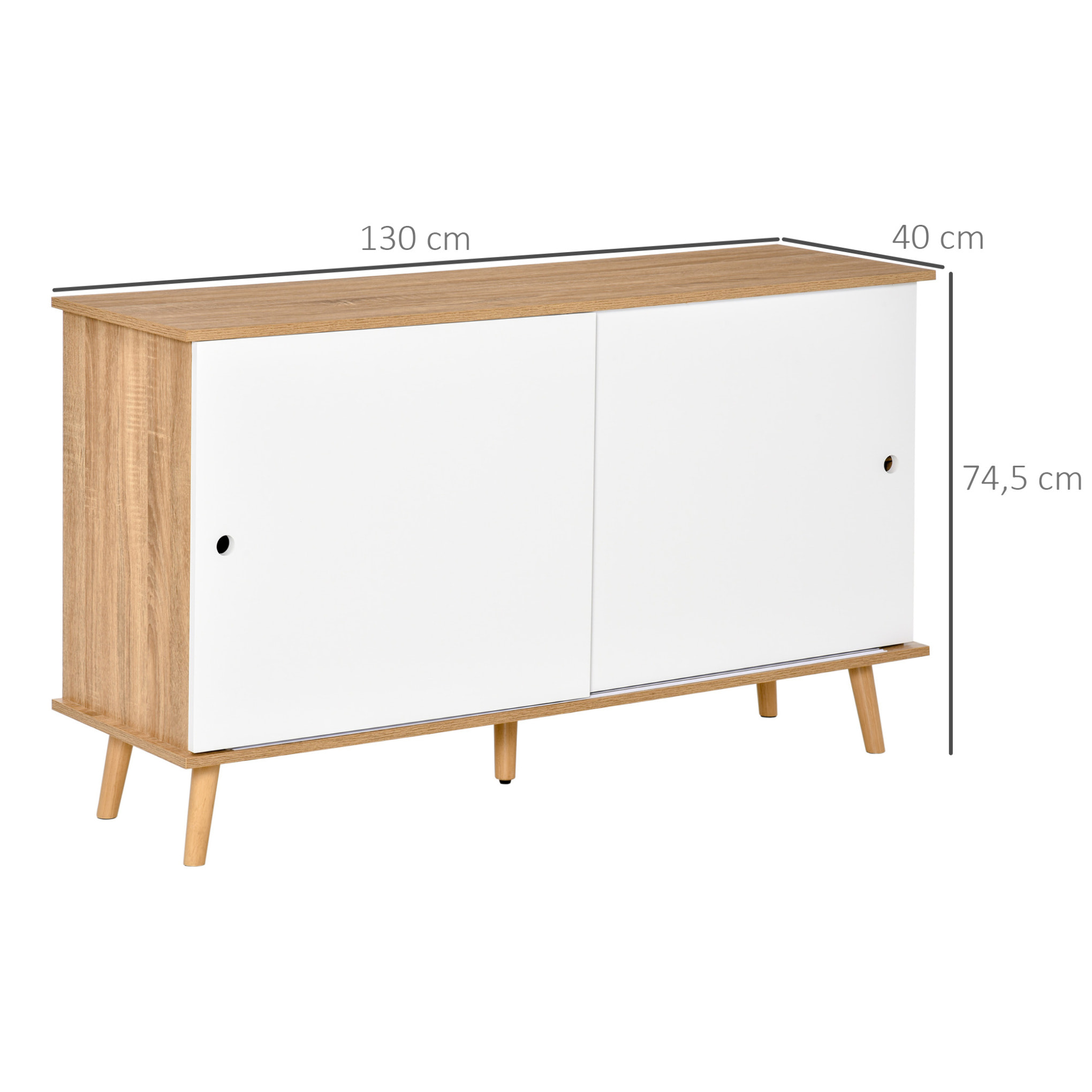 Mueble Aparador tipo Buffet para Comedor Cocina con 2 Puertas Correderas Estantes Interiores Ajustables y Patas de Madera 130x40x74,5 cm Natural y Blanco