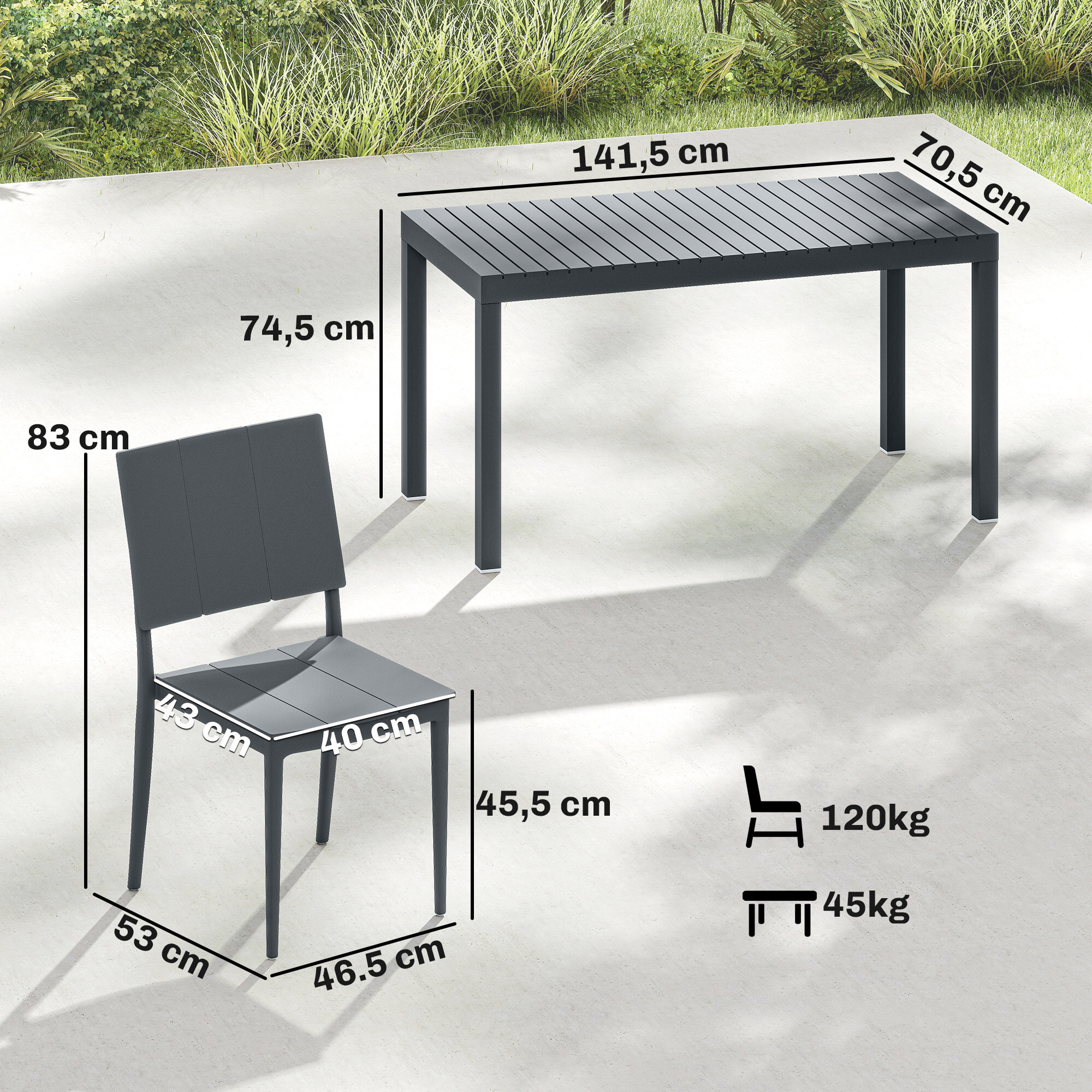 Conjunto de Mesa y Sillas Jardín de 5 Piezas, Muebles Jardín Exterior con Mesa de Tablero Ranurado, 4 Sillas Apilables, Marco Metálico para 4 Personas, para Patio, Terraza, Gris Oscuro