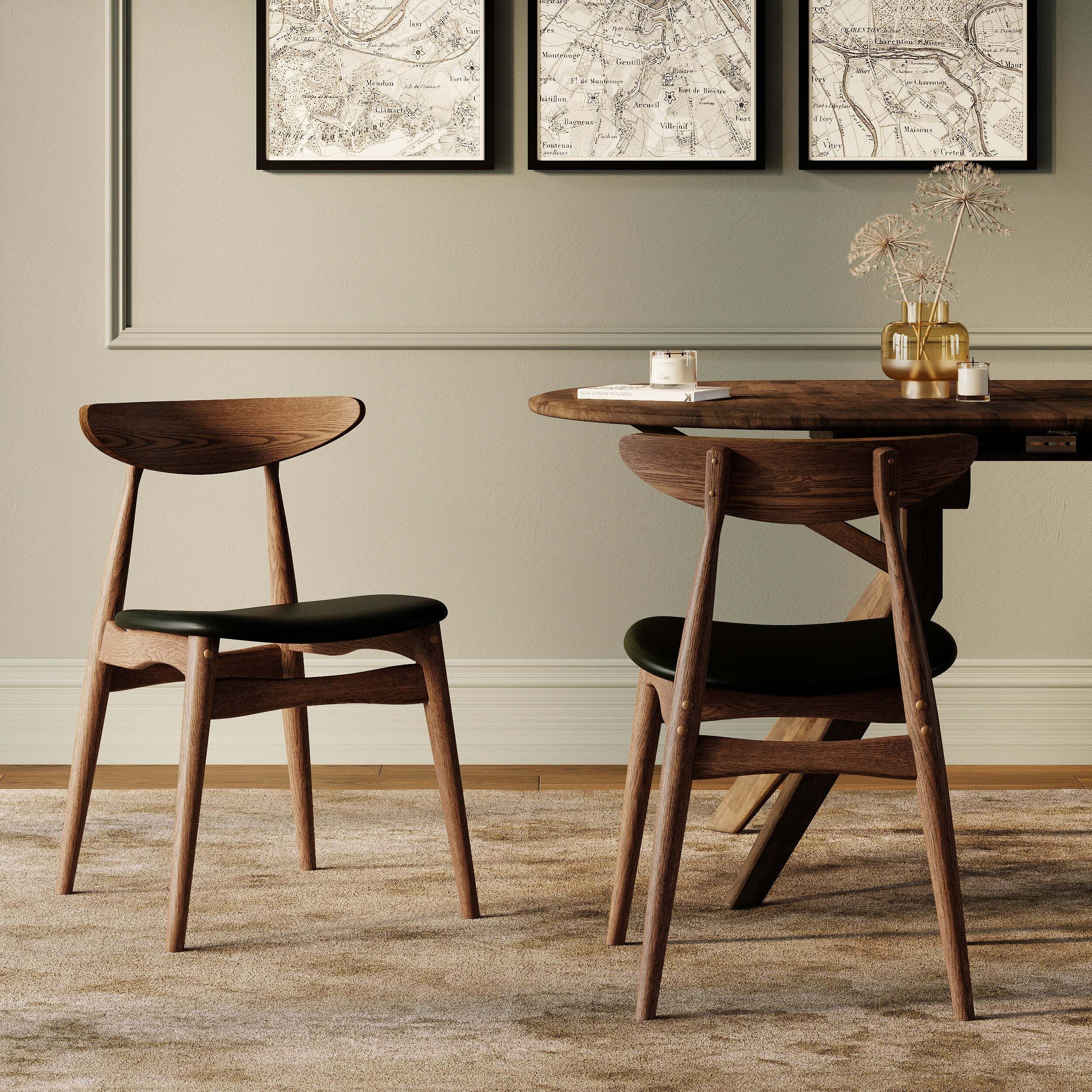 Lot de 2 chaises en cuir synthétique noir et bois d'hévéa - Josette