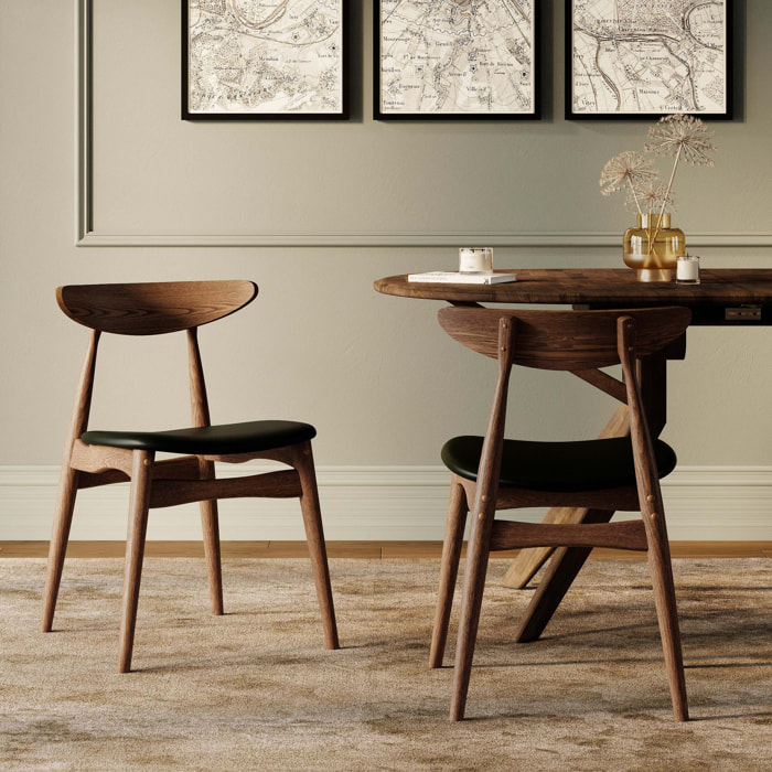 Lot de 2 chaises en cuir synthétique noir et bois d'hévéa - Josette