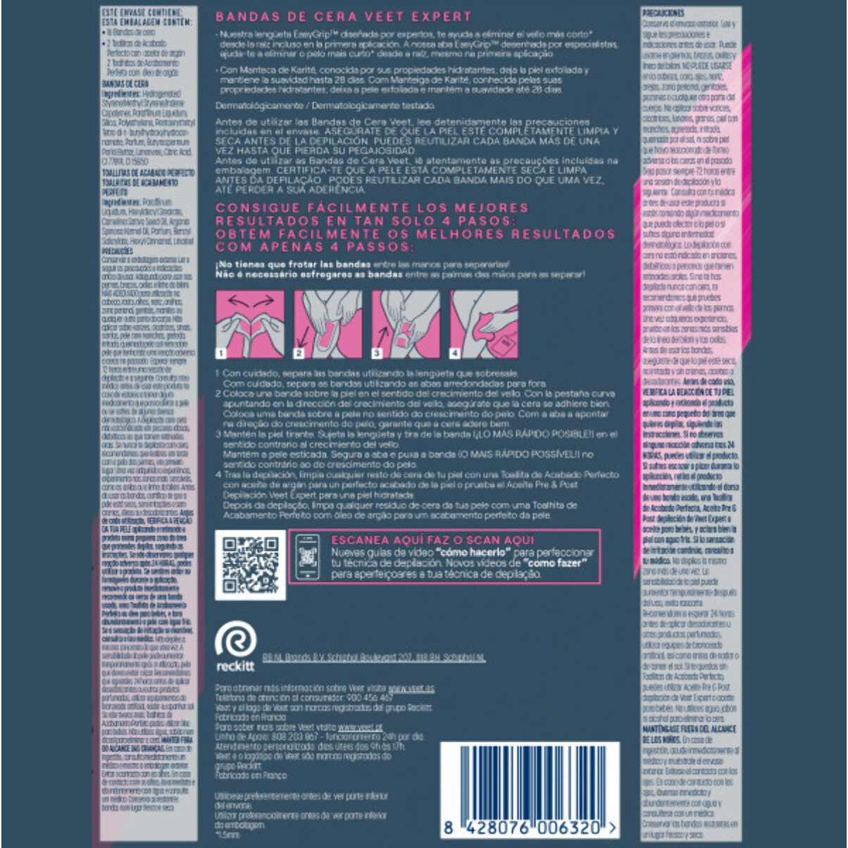 Veet Expert Bandas de Cera Fría Depilatoria para Depilación Facial, Adecuado para Labio Superior (Bigote), con Manteca de Karité, Pack 2x 16 tiras