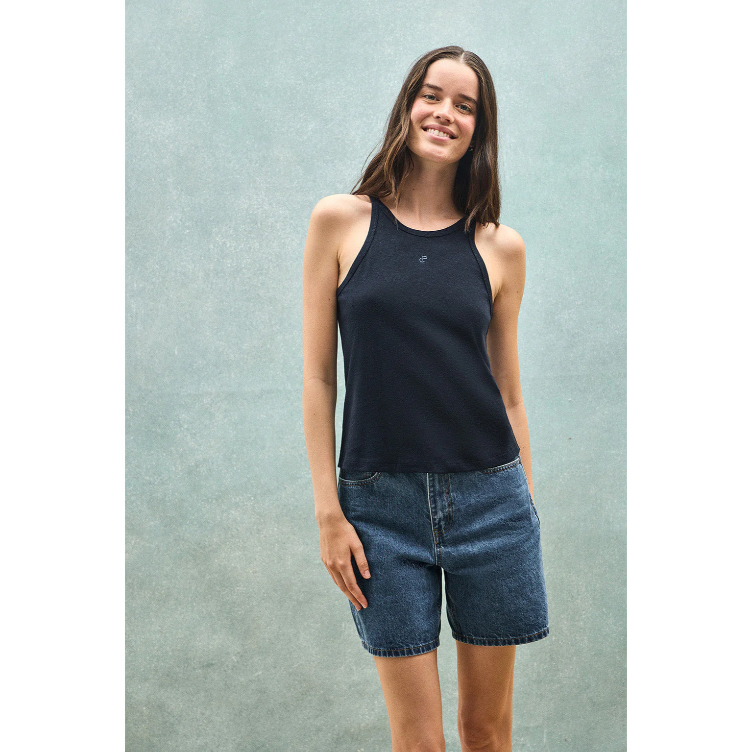 Maglietta blu marino in lino e cotone con monogramma ricamato