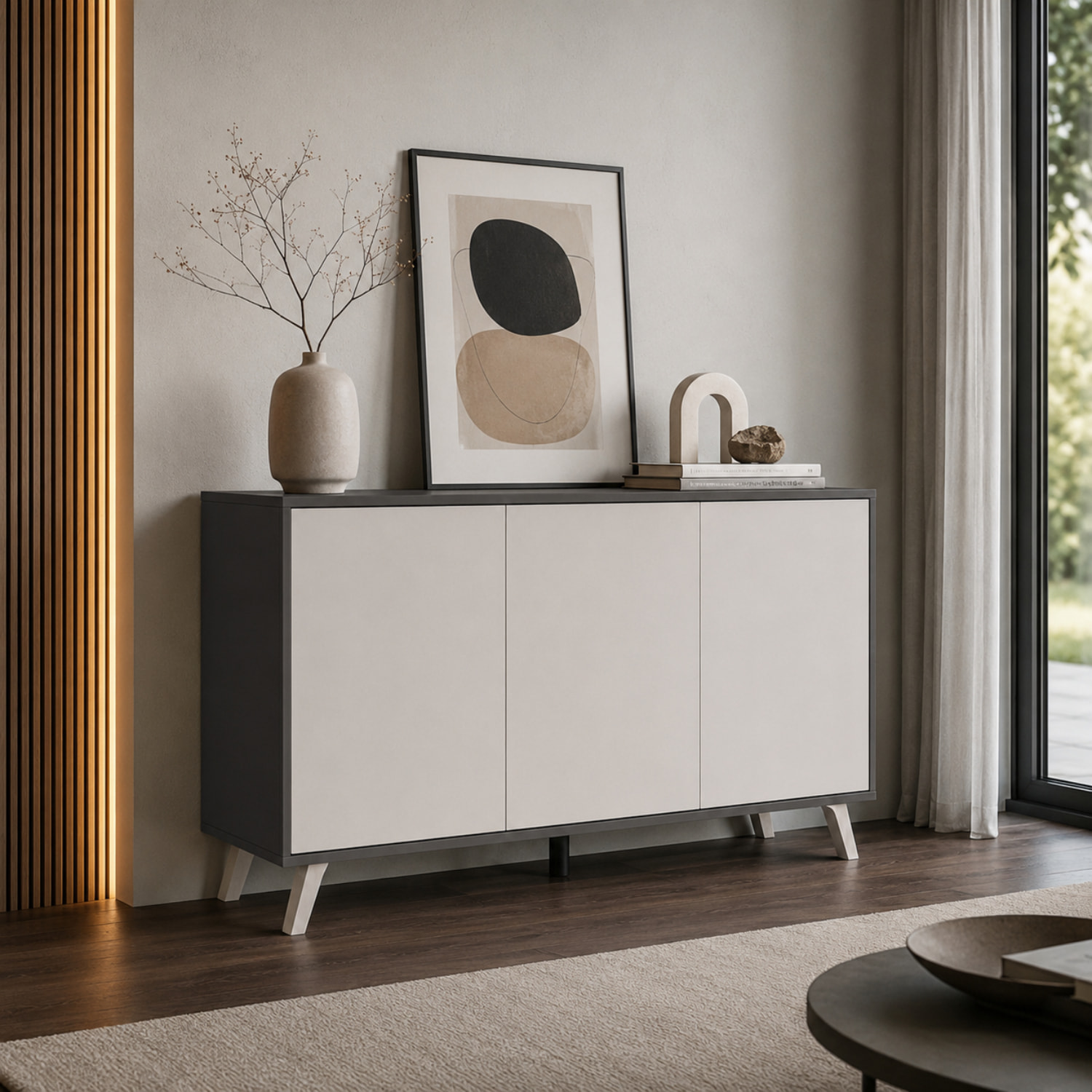 Credenza Moderna Madia 3 Ante Senza Maniglie Design Minimal Con Piedini RialzatiPer Soggiorno Ingresso 154 x 72 x 40 Cm Bianco e Grigio Cemento