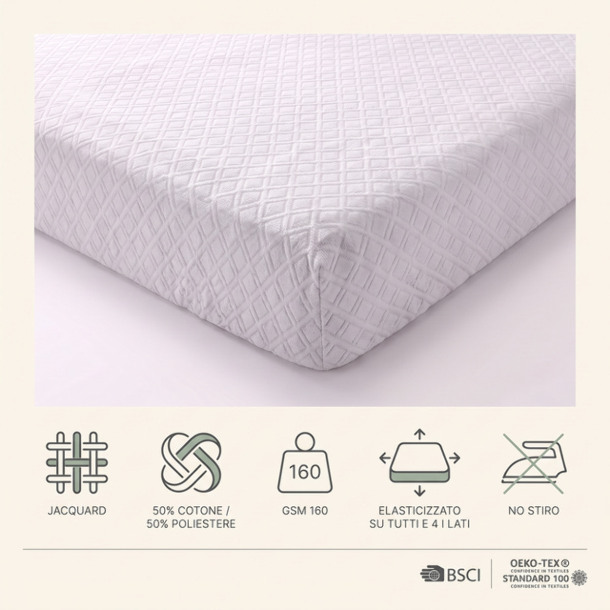 Coprimaterasso Intrecci Jacquard in Cotone e Poliestere 160 GSM Elasticizzato su 4 Lati No Stiro